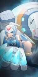  1girl absurdres android arm_support ass blue_eyes blue_footwear blue_gloves boots breast_rest breasts crop_top elbow_gloves eyelashes fingerless_gloves gloves hands_on_own_chin head_rest helmet highres ice large_breasts fairy_leviathan_(mega_man) light_smile looking_at_viewer lying mega_man_(series) mega_man_zero_(series) mega_man_zero_2 on_stomach poler_kamrous robot_girl tanziya_(codlxcold) thigh_boots thighs  rating:Sensitive score:13 user:Satan-Sama