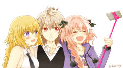 1girl 2boys :d ^_^ ahoge astolfo_(fate) astolfo_(memories_at_trifas)_(fate) bad_id bad_twitter_id black_ribbon blonde_hair blue_eyes blush braid breasts brown_hair cellphone closed_eyes embarrassed fang fate/apocrypha fate_(series) hair_ornament hair_ribbon happy holding jacket jeanne_d&#039;arc_(fate) jeanne_d&#039;arc_(girl_from_orleans)_(fate) long_braid long_hair long_sleeves medium_breasts multicolored_hair multiple_boys necktie official_alternate_costume open_mouth phone pink_hair pom_pom_(clothes) purple_jacket red_eyes ribbon sandwiched selfie_stick shirt short_hair sieg_(fate) simple_background single_braid sleeveless sleeveless_shirt smartphone smile srnk striped_clothes striped_shirt trap two-tone_hair very_long_hair waistcoat white_background white_shirt