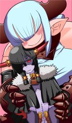  2girls bad_id bad_tumblr_id black_hair blue_hair blush capelet character_request colored_skin demon_girl elbow_gloves gauntlets gloves hair_over_eyes hair_over_one_eye hair_tubes height_difference highres horns hug hug_from_behind long_hair matsuda_yuusuke monster_girl multicolored_skin multiple_girls nise_maou_nekuzeru pointy_ears purple_skin red_eyes short_hair stitches two-tone_skin yuusha_to_maou zombie 