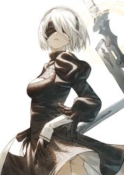  1girl 2b_(nier:automata) ass black_dress black_gloves black_hairband blindfold breasts cleavage_cutout clothing_cutout commentary_request dress facing_viewer fagi_(kakikaki) from_side gloves hairband juliet_sleeves leotard leotard_peek leotard_under_clothes long_sleeves medium_breasts mole mole_under_mouth nier:automata nier_(series) puffy_sleeves short_hair simple_background solo weapon weapon_on_back white_background white_hair white_leotard 
