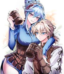 1boy 1girl bbing beer_mug bishounen blonde_hair blue_dress blue_eyes blue_hair blush braid braided_bun breasts brown_gloves brown_hairband commentary_request cup dress drunk eyelashes gilbert_(unicorn_overlord) gloves grin hair_between_eyes hair_bun hair_intakes hairband highres holding holding_cup large_breasts light_blue_hair long_hair long_sleeves looking_at_another looking_at_viewer low_ponytail mug pink_eyes simple_background sitting smile sparkle standing teeth unicorn_overlord upper_body virginia_(unicorn_overlord)