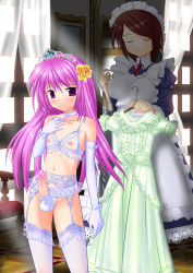  1boy 1girl androgynous armchair babydoll blush censored chair crossdressing crotchless crotchless_panties dress edogawa_yumega erection highres lace lace-trimmed_legwear lace_trim lingerie long_hair maid navel panties penis penis_ribbon pink_hair pointless_censoring portrait_(object) purple_eyes ribbon see-through shota testicles thighhighs tiara underwear  rating:Explicit score:109 user:vorbatello