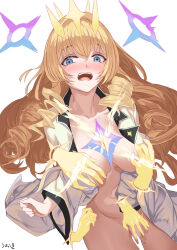 :o blonde_hair blue_eyes blush breasts covering_crotch covering_privates crown_(naked_king)_(nikke) crown_(nikke) deep_skin diadem disembodied_hand drill_hair goddess_of_victory:_nikke grabbing grabbing_another&#039;s_breast hair_ornament headgear large_breasts long_hair nyokki_0v0 open_clothes open_mouth open_shirt shirt white_shirt
