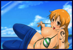  1girl :d bikini breasts brown_eyes clothes_pull cloud earrings female_focus jewelry large_breasts long_hair looking_at_viewer nami_(one_piece) ocean one_piece open_mouth orange_hair pants pants_pull puppy-t sky smile solo striped swimsuit tattoo water  rating:Questionable score:21 user:naudm