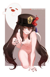  1girl black_hat blush breasts collarbone completely_nude flower flower-shaped_pupils genshin_impact ghost grin hat hat_flower highres hu_tao_(genshin_impact) long_hair looking_at_viewer nipples nude outside_border plum_blossoms small_breasts smile symbol-shaped_pupils thighs tofuubear very_long_hair  rating:Explicit score:246 user:danbooru
