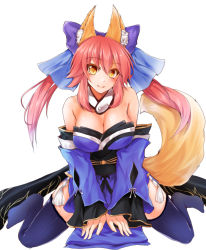  10s 1girl animal_ears bare_shoulders bow breasts cleavage detached_sleeves fate/extra fate_(series) fox_ears fox_tail hair_ribbon japanese_clothes large_breasts long_hair pink_hair ribbon ryuushou simple_background solo tail tamamo_no_mae_(fate/extra) twintails white_background yellow_eyes 