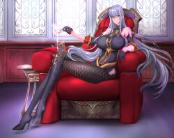  1girl bare_shoulders black_gloves boots breasts commission crossed_legs cup detached_sleeves gloves grey_hair high_heel_boots high_heels highres holding holding_cup large_breasts legs long_hair long_legs looking_at_viewer military_uniform pixiv_commission pouring pouring_onto_self red_eyes selvaria_bles senjou_no_valkyria senjou_no_valkyria_(series) senjou_no_valkyria_1 sitting solo sonota_taisei uniform very_long_hair 