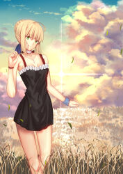  1girl ahoge alternate_costume arm_up artoria_pendragon_(all) artoria_pendragon_(fate) bare_arms bare_shoulders black_dress blonde_hair blue_sky bracelet braid breasts choker cleavage closed_mouth cloud cloudy_sky collarbone commentary_request covered_navel cowboy_shot day dress fate_(series) french_braid green_eyes hair_between_eyes hair_bun hair_ribbon highres iro_(sekaixiro) jewelry looking_at_viewer outdoors ribbon saber_(fate) scrunchie short_hair sidelocks single_hair_bun sky sleeveless sleeveless_dress small_breasts solo standing thighs wrist_scrunchie 