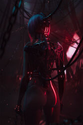  1girl 3d arms_at_sides ass back blender_(medium) cable chain clenched_hand cyberpunk_(series) cyberpunk_2077 cyborg ecksoh feet_out_of_frame from_behind highres holding holding_chain mechanical_arms mechanical_head mechanical_parts mechanical_spine red_theme short_hair solo songbird_(cyberpunk) standing 