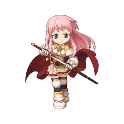  1girl armor belt black_thighhighs boobplate breastplate brown_belt cape chibi claymore_(sword) closed_mouth cross cross_of_prontera drawing_sword frown full_body gauntlets green_eyes holding holding_sword holding_weapon long_hair looking_at_viewer lord_knight_(ragnarok_online) miniskirt mole official_art over-kneehighs pauldrons pink_hair pink_skirt ragnarok_online red_cape short_bangs shoulder_armor simple_background skirt solo spiked_gauntlets standing sword tachi-e thighhighs transparent_background v weapon yuichirou 