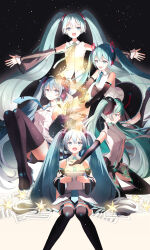  5girls :d absurdres bare_shoulders blue_eyes blue_hair blue_nails blue_necktie boots crypton_future_media detached_sleeves gloves green_hair hatsune_miku hatsune_miku_(append) headphones highres macha_3939 multiple_girls musical_note necktie open_mouth outstretched_arms partially_fingerless_gloves pleated_skirt sheet_music skirt smile thigh_boots twintails vocaloid vocaloid_append 
