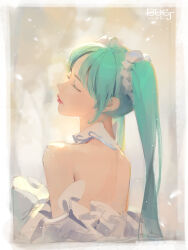  1girl absurdres aqua_hair backless_dress backless_outfit bare_shoulders border closed_eyes closed_mouth dress eyelashes frilled_dress frills from_behind grey_border hair_ornament hatsune_miku head_back highres lips long_hair nape nose off-shoulder_dress off_shoulder pekakiu profile shoulder_blades solo twintails upper_body vocaloid white_dress 
