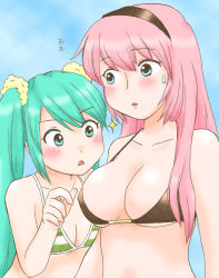 2girls bikini blue_eyes blush breast_awe breast_envy breasts cleavage d: flat_chest green_eyes green_hair hair_ornament hairband hatsune_miku large_breasts long_hair looking_at_breasts megurine_luka multiple_girls oonigiri open_mouth pink_hair sparkle staring sweatdrop swimsuit twintails vocaloid yuri rating:Questionable score:30 user:danbooru