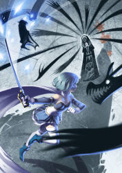 battle blue_eyes blue_footwear blue_hair boots cape elsa_maria_(madoka_magica) gloves highres holding holding_sword holding_weapon les-chats-nocturnes magical_girl mahou_shoujo_madoka_magica mahou_shoujo_madoka_magica_(anime) miki_sayaka miki_sayaka_(magical_girl) sebastians_(madoka_magica) shadow short_hair skirt sword thigh_strap thighhighs weapon white_cape white_gloves witch&#039;s_labyrinth witch_(madoka_magica) zettai_ryouiki