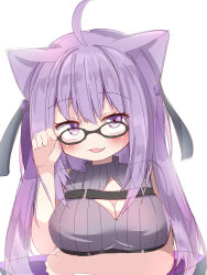  1girl :d absurdres ahoge animal_ears arm_under_breasts bare_shoulders black-framed_eyewear blush breasts cat_ears cleavage cleavage_cutout clothing_cutout commentary_request fang glasses grey_sweater hand_up highres hololive long_hair looking_at_viewer medium_breasts nekomata_okayu nekomata_okayu_(8th_costume) open_mouth purple_eyes purple_hair ribbed_sweater simple_background sleeveless sleeveless_sweater sleeveless_turtleneck smile solo sweater turtleneck turtleneck_sweater umberblack upper_body very_long_hair virtual_youtuber white_background  rating:Sensitive score:4 user:danbooru