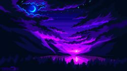  animated cloud cloudy_sky forest lake looping_animation meteor moon mountain nature no_humans original pixel_art scenery sky star_(sky) starry_sky sunset tagme video 