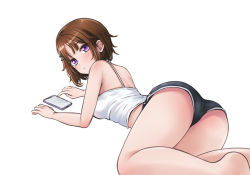  1girl ass bang_dream! bare_back bare_legs bare_shoulders barefoot black_shorts blush breasts brown_hair camisole cellphone dolphin_shorts feet_out_of_frame from_behind hair_ornament hairclip looking_at_viewer looking_back lying medium_breasts on_stomach parted_lips phone ptal purple_eyes short_hair short_shorts shorts sidelocks simple_background sleeveless smartphone solo spaghetti_strap toyama_asuka white_background white_camisole 