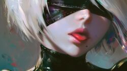  1girl 2b_(nier:automata) aika_arts black_blindfold blindfold close-up highres lips medium_hair mole mole_under_mouth nier:automata nier_(series) nose open_mouth red_lips white_hair  rating:General score:11 user:danbooru
