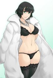  1girl artist_name bikini black_bra black_hair black_panties black_thighhighs bra breasts cleavage closed_mouth coat eye_contact eyelashes female_focus fubuki_(one-punch_man) fur_coat green_eyes highres ittla jewelry lace large_breasts lingerie looking_at_another looking_at_viewer navel necklace one-punch_man panties short_hair side-tie_panties simple_background smile solo standing swimsuit thighhighs underwear underwear_only  rating:Sensitive score:72 user:durango_sama