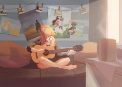  1girl ave_droid barefoot blonde_hair bottomless character_request choker closed_eyes closed_mouth collarbone commentary copyright_name cup curtains english_commentary from_side full_body glasses guitar holding holding_instrument indoors instrument interstellar_(movie) joseph_cooper lips long_hair long_sleeves majo_no_takkyuubin music nintendo ookami_kodomo_no_ame_to_yuki original photo_(object) pillow playing_instrument poster_(object) princess_zelda room round_eyewear shirt sitting smile solo sunlight the_legend_of_zelda the_legend_of_zelda:_breath_of_the_wild window 