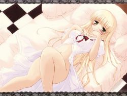  bed blonde_hair blush bottomless checkered_floor dress green_eyes open_clothes open_dress  rating:Questionable score:5 user:bweb