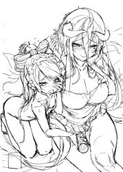  2girls albedo_(overlord) aokihoshi ass blush breasts female_focus holding horns large_breasts monochrome multiple_girls nude overlord_(maruyama) petite shalltear_bloodfallen sketch small_breasts tagme thighs tongue tongue_out 