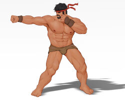  1boy abs absurdres bara beard black_hair bulge elevin9 facial_hair facing_to_the_side fighting_stance full_body hadouken headband highres large_pectorals legs_apart male_focus mature_male muscular muscular_male navel nipples pectorals powering_up ryu_(street_fighter) sandals serious short_hair solo stomach street_fighter street_fighter_6 strongman_waist thick_eyebrows thick_thighs thighs topless_male tsurime 