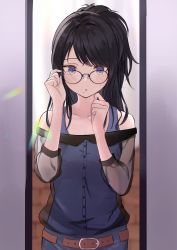 1girl bespectacled black_hair breasts glasses highres idolmaster idolmaster_shiny_colors kazano_hiori long_hair mirror mole mole_under_mouth ponytail purple_eyes small_breasts  rating:General score:12 user:jancok_666