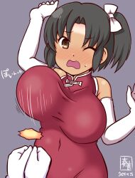  1girl 1other alternate_costume artist_logo black_hair blush bouncing_breasts breasts brown_eyes china_dress chinese_clothes commentary_request covered_navel dated dress elbow_gloves gloves grey_background kanon_(kurogane_knights) kantai_collection large_breasts nagara_(kancolle) nose_blush one-hour_drawing_challenge one_side_up red_dress short_hair simple_background tan tanline white_gloves 