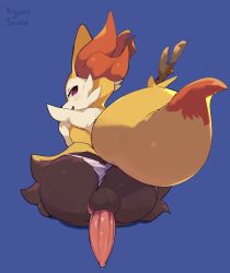 1boy animal_ears animal_penis ass blue_background braixen clothing_aside creatures_(company) erection fox_ears fox_tail from_behind furry furry_male game_freak gen_6_pokemon honey_calamari huge_ass knotted_penis looking_back male_focus medium_penis nintendo nude panties panties_aside penis perineum pink_eyes pokemon pokemon_(creature) precum presenting sitting smile tail testicles trap tucked_penis uncensored underwear rating:Explicit score:130 user:ComboBreaking