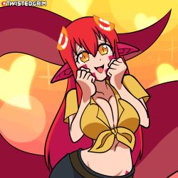  1girl animated animated_gif artist_name belt belt_buckle blinking bouncing_breasts breasts buckle cleavage fangs front-tie_top hair_between_eyes hair_ornament hairclip heart lamia large_breasts long_hair long_tongue looking_at_viewer midriff miia_(monster_musume) miniskirt monster_girl monster_musume_no_iru_nichijou navel one_eye_closed open_mouth orange_eyes own_hands_together patreon_username pointy_ears red_hair scales shirt signature simple_background skirt slit_pupils solo stretching tongue tongue_out twistedgrim yellow_eyes yellow_shirt  rating:Sensitive score:182 user:lamialover97