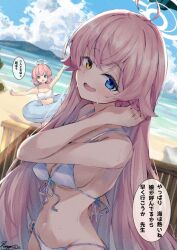 2girls aged_up ahoge alternate_costume beach bikini blue_archive blue_eyes blush breasts day dual_persona fang front-tie_top hair_between_eyes halo heterochromia hoshino_(blue_archive) innertube karappo_(poket12) long_hair looking_at_viewer medium_breasts multiple_girls ocean open_mouth outdoors pink_hair pink_halo short_hair sideboob signature skin_fang smile speech_bubble swim_ring swimsuit translation_request white_bikini yellow_eyes 