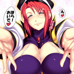  00s 1girl blue_eyes blush breasts cleavage forte_stollen galaxy_angel hat huge_breasts monocle outstretched_arms red_hair sawao short_hair smile solo translated  rating:Questionable score:74 user:danbooru