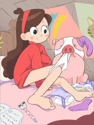  1girl ahoge animal barefoot bed bedroom black_eyes blush bottomless bow bow_bra bra brown_hair camisole camisole_removed disney embarrassed gravity_falls hairband highres loli long_hair long_sleeves mabel_pines notebook object_on_head oira_wa_arumajiro on_bed panda panties panties_on_head panty_pull pen pig pink_bow poster_(object) pulling_another&#039;s_clothes purple_camisole purple_socks red_sweater sitting sleeves_past_wrists smiley_face socks sweater underwear unworn_bra unworn_panties unworn_socks waddles white_bra white_panties 