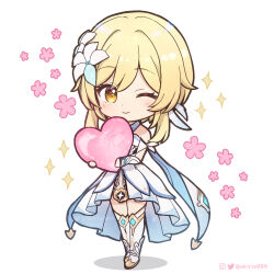  1girl akitsuki_ria bare_shoulders blonde_hair chibi closed_mouth commentary_request dress flower full_body genshin_impact hair_flower hair_ornament heart highres holding holding_heart instagram_logo looking_at_viewer lumine_(genshin_impact) one_eye_closed pink_flower solo standing star_(symbol) twitter_logo twitter_username yellow_eyes 
