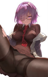 1girl arm_support between_breasts black-framed_eyewear black_pantyhose blush breasts brown_dress cameltoe closed_mouth collarbone covered_erect_nipples cowboy_shot diamond_(shape) dress eyelashes eyes_visible_through_hair fate/grand_order fate_(series) glasses hair_over_one_eye highres jacket leaning_back long_sleeves looking_at_viewer mash_kyrielight medium_breasts microdress necktie necktie_between_breasts off_shoulder open_clothes open_jacket panties panties_under_pantyhose pantyhose pleated_dress print_necktie purple_eyes purple_hair red_necktie see-through short_hair simple_background sitting skin_tight skindentation solo spread_legs thighband_pantyhose torn_clothes torn_pantyhose underwear upskirt white_background white_panties yunsang rating:Questionable score:54 user:danbooru