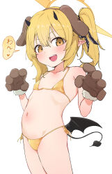  1girl absurdres animal_ears animal_hands bikini black_horns black_tail black_wings blonde_hair blue_archive brown_gloves collarbone cowboy_shot demon_horns demon_tail demon_wings dog_ears dog_paws doroshe_(sdpw8474) fake_animal_ears flat_chest gloves halo highres horns huge_filesize ibuki_(blue_archive) loli long_hair looking_at_viewer navel open_mouth paw_gloves pointy_ears simple_background smile solo standing swimsuit tail white_background wings yellow_eyes yellow_halo 