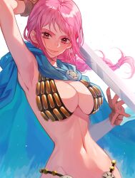  1girl arm_up bare_arms bare_legs bare_shoulders braid breasts brown_gloves cape curvy female_focus floating_hair gloves highres holding holding_sword holding_weapon kurage20001 large_breasts long_hair looking_at_viewer low_ponytail navel one_piece pelvic_curtain pink_hair rebecca_(one_piece) revealing_clothes shiny_skin single_braid smile solo sword weapon 