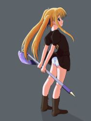 ass bardiche_(nanoha) black_dress blonde_hair closed_mouth clothes_lift dress fate_testarossa full_body grey_background hair_ribbon hajime00000001 holding holding_weapon long_hair looking_at_viewer looking_to_the_side lyrical_nanoha mahou_shoujo_lyrical_nanoha mahou_shoujo_lyrical_nanoha_a&#039;s miniskirt panties red_eyes ribbon simple_background skirt skirt_lift smile underwear weapon white_panties 