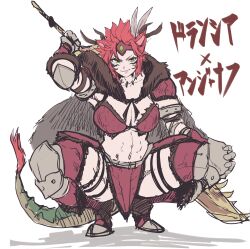  1girl armor bra comic_hand gauntlets greaves holding holding_weapon red_hair squatting tail underwear weapon yu-gi-oh! zoodiac_drident 