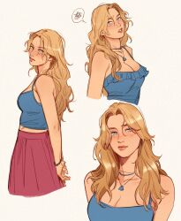  1girl blonde_hair blue_camisole blue_eyes blue_shirt blush bracelet breasts camisole cleavage haley_(stardew_valley) highres jewelry lesly_oh long_hair looking_at_viewer medium_breasts multiple_views shirt skirt stardew_valley 
