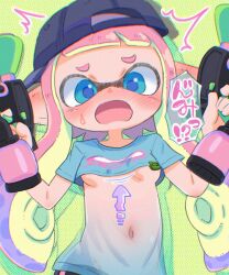  !? 1girl arms_up arrow_(symbol) backwards_hat baseball_cap bike_shorts black_shorts blue_eyes blue_shirt blush breasts crop_top domino_mask hat highres ikaheigen inkling inkling_girl inkling_player_character loli long_hair mask navel nintendo open_mouth pink_hair pointy_ears shirt shorts small_breasts solo splatoon_(series) splatoon_3 stomach suction_cups tentacle_hair underboob upper_body weapon weapon_request 