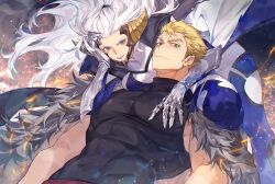 absurdres alternate_form arm_over_shoulder black_shirt blonde_hair blue_bodysuit blue_eyes bodysuit brown_horns cape covered_abs covered_navel fairy_tail fur-trimmed_cape fur_trim gauntlets hand_on_own_cheek hand_on_own_face highres horns laxus_dreyar long_hair mirajane_strauss muscular muscular_male satan_soul:_sitri scar scar_across_eye shirt short_hair sleeveless sleeveless_shirt two-tone_bodysuit white_bodysuit white_hair xuchuan