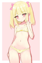  1girl absurdres blonde_hair blush bow bow_bra bow_panties bra collarbone female_focus flat_chest groin hair_bow highres loli long_hair looking_at_viewer navel open_mouth panties pink_background pink_bow pink_eyes shooko solo standing twintails underwear yellow_bra yellow_panties  rating:Questionable score:78 user:cpee
