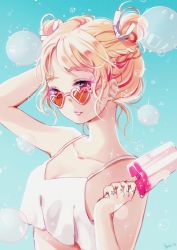  1girl aqua_background arm_behind_back arm_up blonde_hair braid breasts brown_eyes brown_hair bubble collarbone crop_top double_bun food girls&#039;_generation hair_ribbon heart heart-shaped_eyewear heart-shaped_sunglasses highres parted_lips popsicle real_life ribbon signature sm_entertainment small_breasts solo sparkle star_tattoo taeyeon_(girls&#039;_generation) tattoo triangle updo upper_body wavy_hair yennineii 
