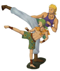 2boys ankle armlet baggy_pants barefoot belt blonde_hair facial_hair fighting_stance final_fantasy final_fantasy_vi full_body gau green_hair male_focus multiple_boys muscular muscular_male nipples one_leg_raised open_mouth pants sabin_rene_figaro sash shawl shoes smile spots stubble topless_male training white_background