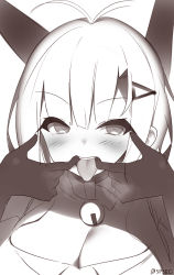 1girl :d antenna_hair azur_lane bell blush breasts breath choker cleavage elbow_gloves finger_in_own_mouth foxhound_(azur_lane) foxhound_(retrofit)_(azur_lane) gloves greyscale hair_ornament hairclip headgear highres jingle_bell large_breasts looking_at_viewer monochrome neck_bell open_mouth oral_invitation simple_background smile solo supershiruco tongue tongue_out twitter_username upper_body white_background rating:Sensitive score:17 user:danbooru