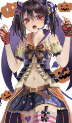  1girl :o absurdres bare_shoulders belt black_garter_straps black_hair blue_skirt bow bowtie brown_bow brown_bowtie cowboy_shot demon_horns detached_sleeves fangs flat_chest frilled_gloves frilled_shirt frilled_thighhighs frills front_slit garter_straps gloves halloween halloween_costume headset highres horns looking_at_viewer love_live! love_live!_school_idol_festival love_live!_school_idol_project medium_hair midriff miniskirt navel official_alternate_costume open_mouth pink_thighhighs print_skirt puffy_detached_sleeves puffy_short_sleeves puffy_sleeves red_eyes red_gloves shirt short_sleeves simple_background single_garter_strap skirt sleeveless sleeveless_shirt solo starry_sky_print striped_clothes striped_gloves striped_thighhighs thighhighs twintails white_background yazawa_nico zen.nico  rating:Sensitive score:7 user:danbooru