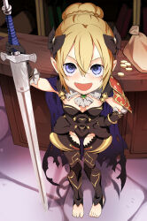  1girl absurdres armor armpits ascot bag barefoot black_armor blonde_hair blue_eyes bow breasts cape child claymore_(sword) cleavage coin coin_purse commission commissioner_upload counter dragon_girl eudetenis fang fire_emblem fire_emblem_fates frilled_sleeves frills greatsword hair_between_eyes hair_bun hair_ornament hand_on_own_hip happy highres kana_(female)_(fire_emblem) kana_(fire_emblem) leg_armor leotard looking_at_viewer nintendo open_mouth pauldrons pov shadow shield shop short_hair shoulder_armor small_breasts smile smirk smug solo stone_floor sword thigh_gap thighs torn_cape torn_clothes weapon  rating:General score:57 user:Wanderer2691