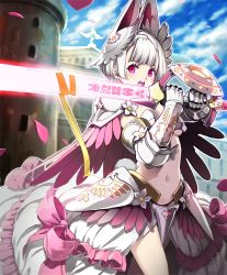10s 1girl armor armored_dress artist_request bikini_armor blunt_bangs castle city cygames gauntlets glowing glowing_sword glowing_weapon helmet luminous_knight navel official_art open_mouth petals pink_eyes revealing_clothes ribbon shadowverse shingeki_no_bahamut shoulder_armor sword two-handed_sword weapon white_hair rating:Sensitive score:7 user:danbooru